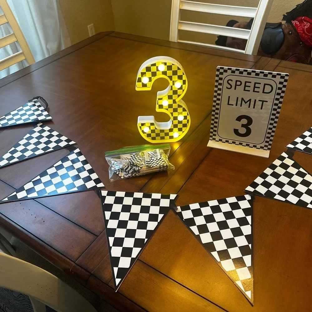 Race Flag Black & White Check Party Banner with Light-Up Number 3